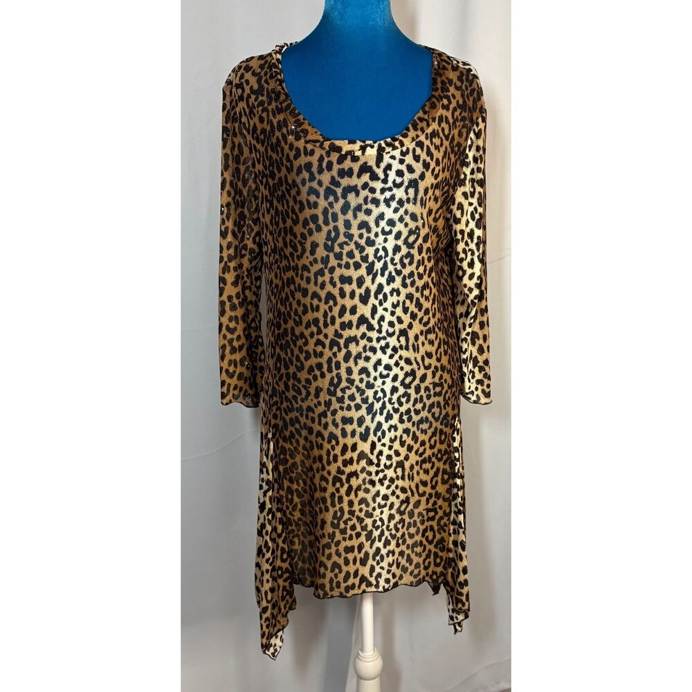 Glitterscape Leopard Print Sheer Tunic Top Large Metallic Handkerchief Hem NWOT